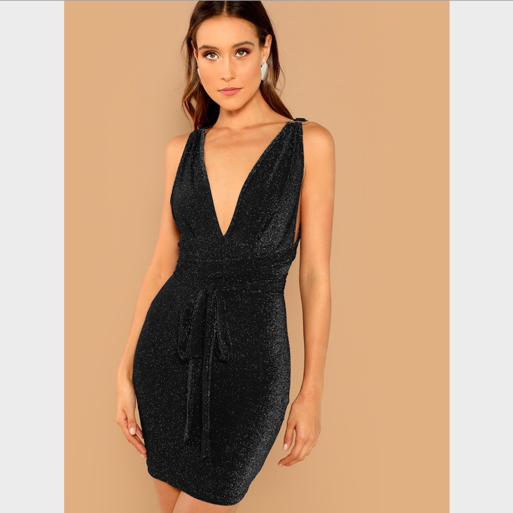 CrissCross Open Back Plunging V Ring Lurex Dress - Picture 2 of 8